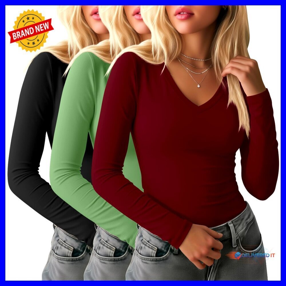 Slim Fit Long Sleeve V-Neck Tees, 3 Pack Cotton Blend Basic Tops
